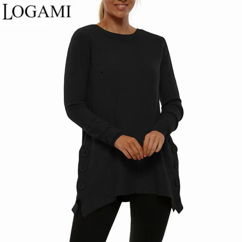 LOGAMI 새로운 도착 스웨터 여성 라운드 넥 버튼 단색 분할 뜨개질 스웨터